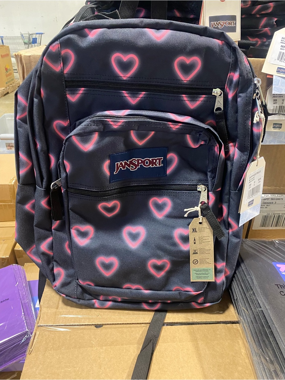 Jansport Navy Backpack with Pink Neon Heart Print